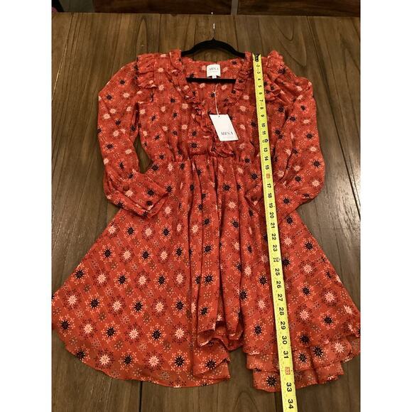 MISA Veruka maravi dots faux wrap Chiffon Long Sleeve Ruffled Mini Dress V Neck - Picture 5 of 12